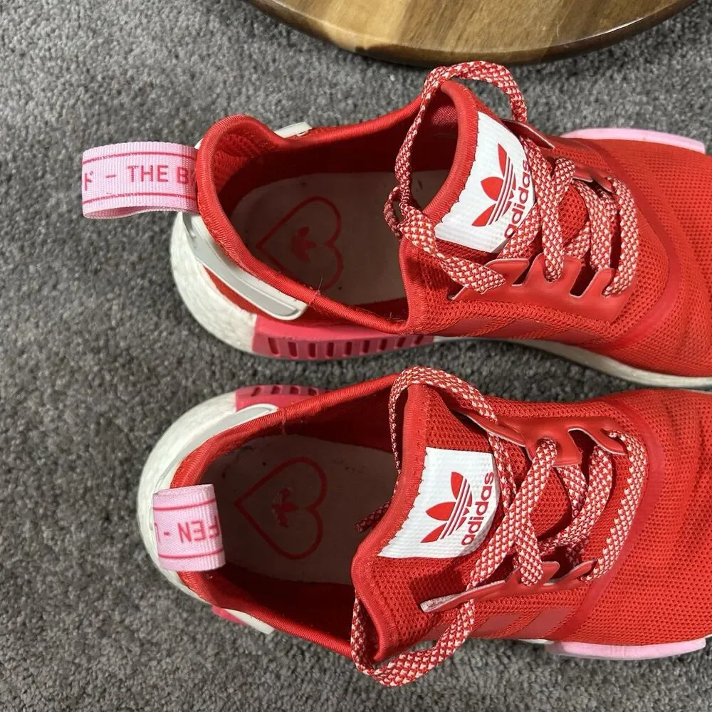 Adidas NMD_R1 Boost EE3829 Women’s Sz 9.5 Red Pink Heart Mesh Running Shoes Used